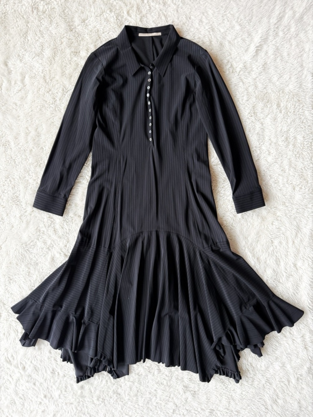 MARITHE FRANCOIS GIRBAUD Woman Black Pinstripes Tier Long Sleeve Midi Dress US6